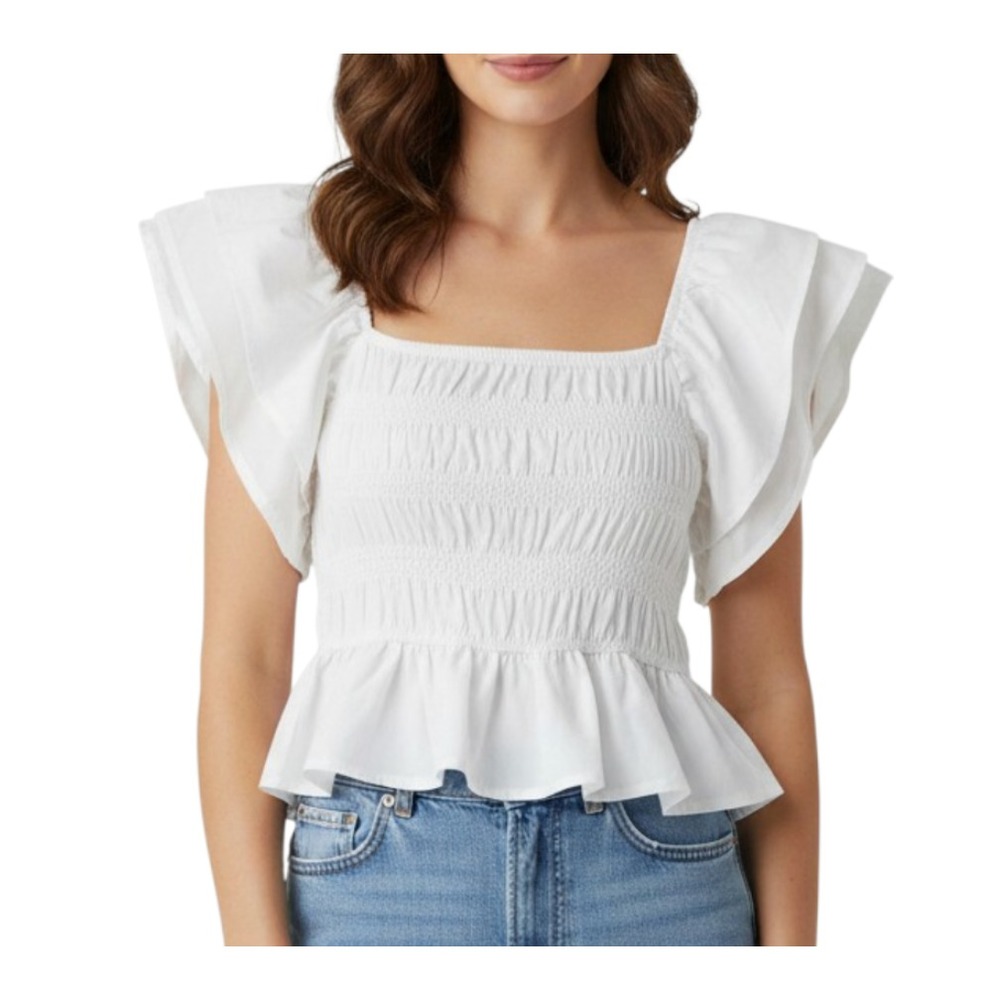 ZARA White Poplin Cropped Top RUFFLE FLUTTER SLEEVES Smocked w/Peplum Ruffle S